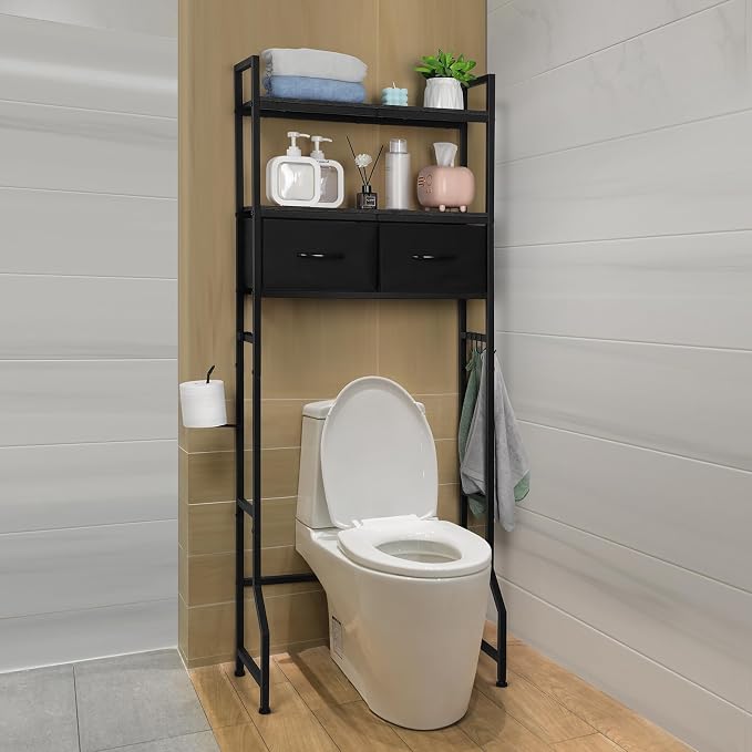 ETELI Over The Toilet Storage Bathroom Cabinet 3 Tier Freestanding Over Toilet Storage Cabinet Shelf Space Saving Behind Above Toilet Bathroom Organizer with Fabric Drawers, Black