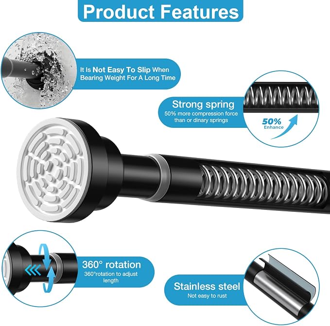 2Pack Tension Curtain Rod 31 to 75 Inch Spring Tension Rods for Windows Black Adjustable Curtain Rod No Drilling Expandable Pressure Curtain Rod Shower Rods for Closets,Bathroom,Kitchen,Doorway