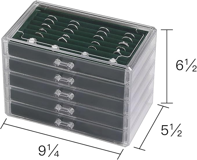 Frebeauty Extra Large Acrylic Jewelry Box for Women 5 Layers Clear Jewelry Organizer Velvet Earring Box with 5 Drawers Rings Display Case Necklaces Holder Tray for Women Girls(Blackish Green) | Jewelry Storage for Rings Earrings Bracelets,Dustproof,Vel...