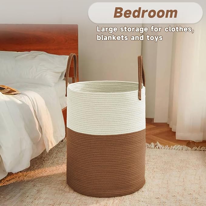 JMvicyroam Large Woven Laundry Basket Hamper,80L Cotton Rope Storage Bin for Blankets,Toys and Clothes,Decorative Tall Nursery Hamper for Living Room,Baby Nursery,Bathroom and Bedroom,White and Brown