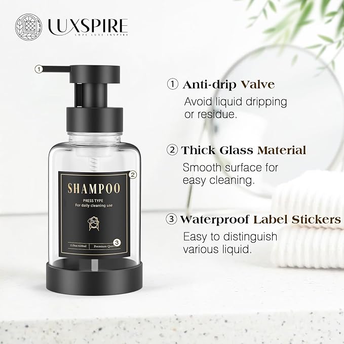 Luxspire Foaming Soap Dispenser, Glass Foam Pump Soap Dispenser, Non-Slip Hand Soap Bottle with 5 Waterproof Labels, 15 Oz Refillable Liquid Soap Bottle for Bathroom & Kitchen, Clear, 1 Pack