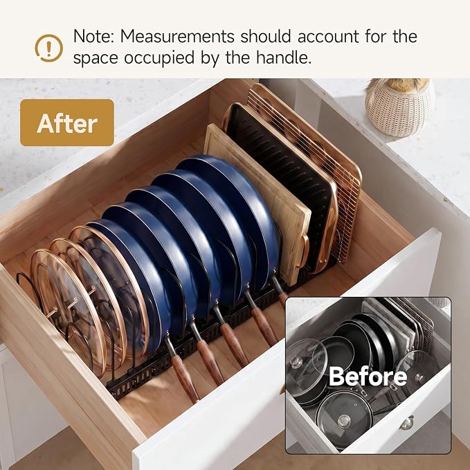 MUDEELA Pot Lids Organizer Rack for Cabinet, Expandable 11.81" to 22.85" Pot and Pan Organizer Holder with 12 Adjustable Dividers, Baking Cookie Sheet Bakeware Cutting Board Kitchen Storage Organizer