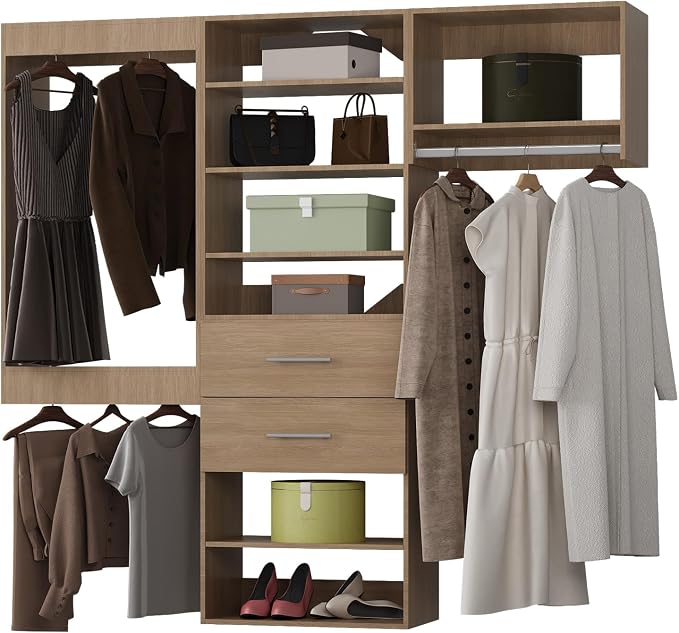 ROOMTEC Modular Closet System, 66" Wall Mounted Modern Closet Organizer with Hanging Rods and Drawers, Wooden Tower for Walk-In Closets, Wardrobe Storage Kit, Wood