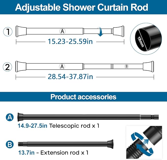 2Pack Tension Rods 16-36 Inch, Spring Loaded Curtain Rods Non-slip, Expandable Curtain Rod Tension No Drilling, Curtain Tension Rod For Window, Doorway, Kitchen, Tension Curtain Rod Black