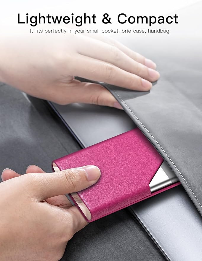 Padike Business Card Holder, Upgraded Leather Business Card Case Pocket Card Holders for Men or Women, Metal Slim Name Card Holder RFID Blocking Business Card Carrier with Magnetic Closure (Rose red)