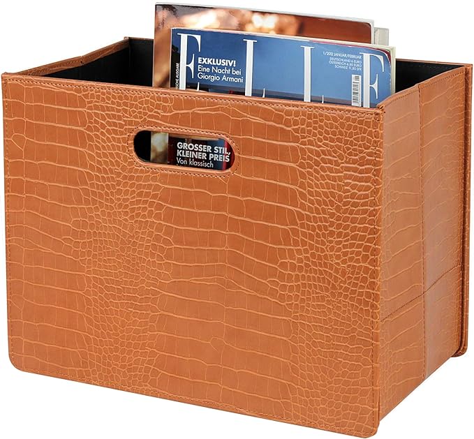 HofferRuffer Magazine Basket Holder, Foldable Magazine Rack, Document File Holder Organizer, File Folder, Newspaper Storage Bin Organizer for Home or Office (Brown Croco)