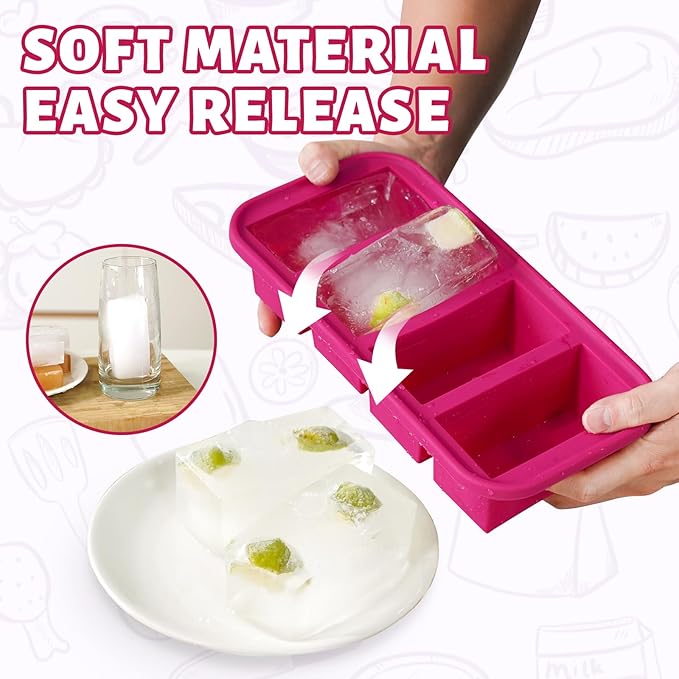 SHIKORI Silicone Freezer Trays with Lid,6-cup Soup Freezer Container large Ice Cube Molds with Reinforced Steel Ring Top for freezing Soup Sauce Broth Leftovers oven Dishwasher-Safe (Cranberry-6 Cup)