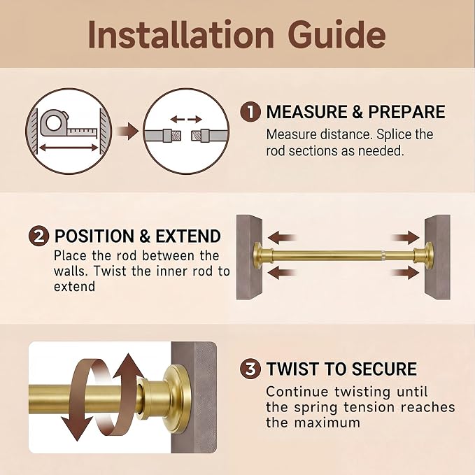 BRIOFOX Gold Tension Curtain Rod 24 to 110 Inch(2-9.1ft) - Spring Tension Shower Curtain Rod, No Drilling Brass Gold Tension Rod for Curtains or Windows