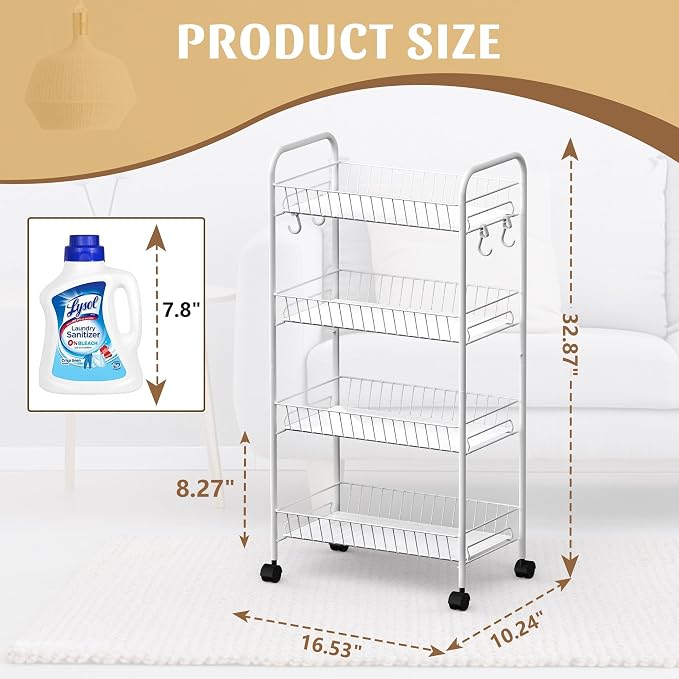PLKOW 4-Tier Rolling Utility Cart with Detachable Baskets, White | 4-tier steel cart with detachable baskets, anti-fall pads, hooks, and 360° wheels for compact home storage.