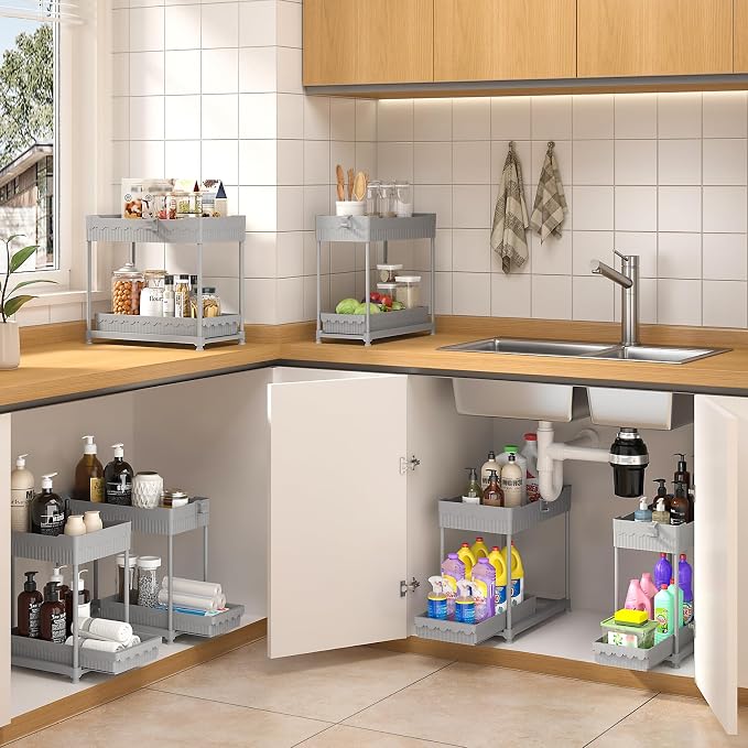 Sevenblue 4-Pack 2-Tier Under Sink Organizer with Pull Out Drawers | Multi-use kitchen & bathroom storage. Includes hanging hooks and cups. Gray, space-saving cabinet design. 12.8 Inch
