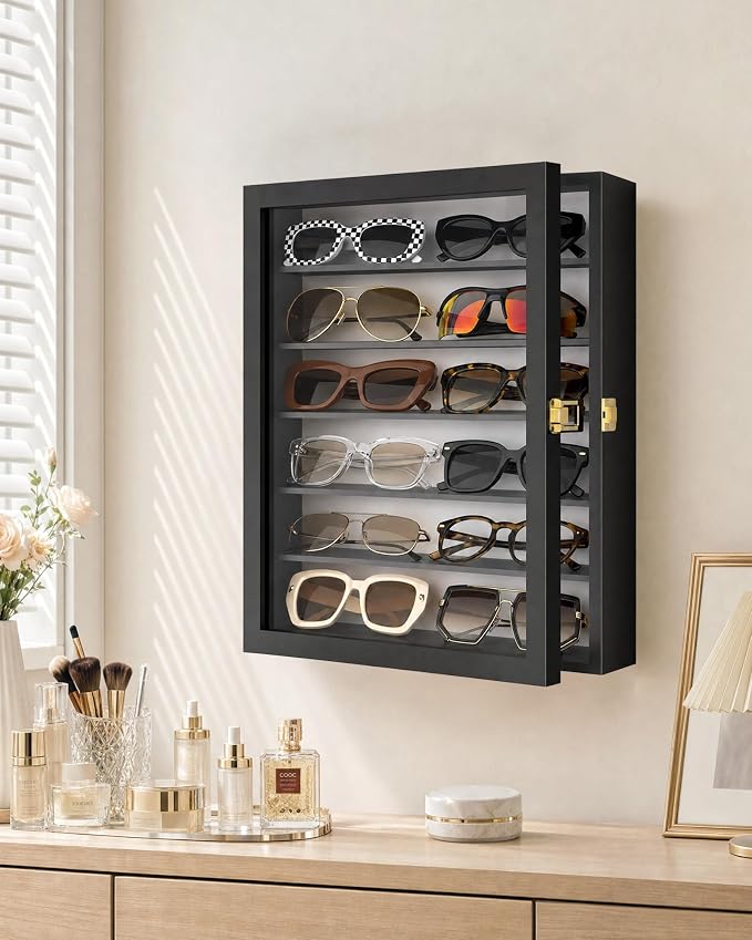 TJ.MOREE Sunglass Organizer Wall Mounted Glasses Holder Display Case 6 Tier | 13 x 15.6 inches Wooden Storage Box for Multiple Pairs Eyeglasses Sports Sunglasses