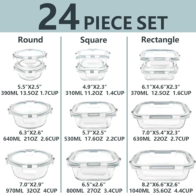12 Pack Glass Food Storage Container Set with Lids Non Toxic, Stackable Borosilicate Glass Meal Prep Containers, Microwave, Oven, Freezer and Dishwasher Safe (White-12)