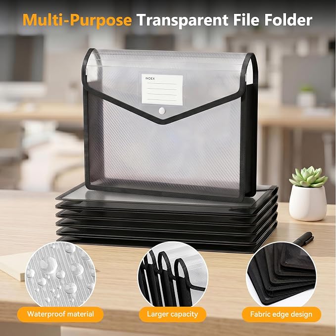 2 Pack Plastic Expanding File Folder, Black File Folder Organizer | Folders for Documents with Snap Closure, Transparent Accordion File Pouch, No Dividers, Large Capacity, Fit Letter/A4 Size