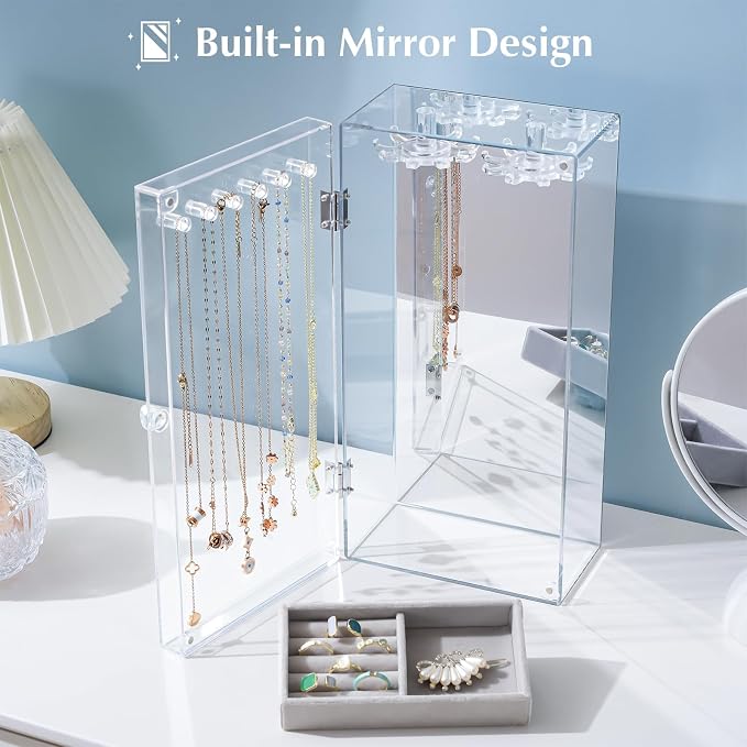 Lolalet Necklace Holder Organizer, Acrylic Jewelry Organizer with 24 Hooks, Rotating Clear Necklaces Display Box with Built-in Mirror, Dust-proof Jewelry Storage Case with Velvet Tray -Clearmirror