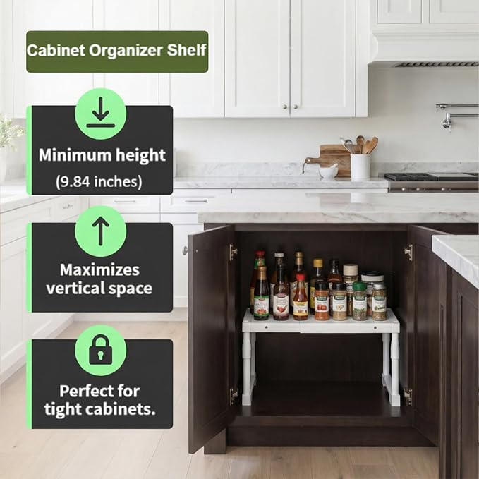 Expandable Cabinet Shelf Organizer，Adjustable Kitchen Counter Shelf,Multi-Functional Stackable Kitchen Pantry Counter Storage，Applicable to Kitchen Bathroom Cabinet Shelves White 1 Pack