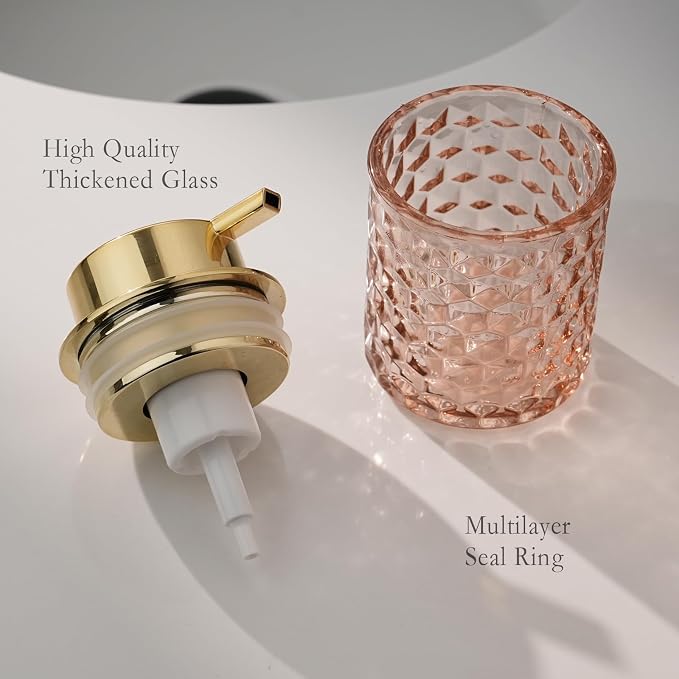 CICUFY Hand Soap Dispenser Glass, Refillable Liquid Dispenser for Bathroom & Kitchen,Lotion Dispenser with Large Gold Pump（Diamond Pattern-Pink）