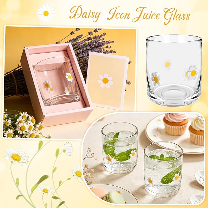 14 Ounce Icon Juice Glasses, Aesthetic Cocktail & Old Fashioned Drinking Glasses, Iconic Clear Glass Cups for Women, Sister, Friend & Party Gifts (Daisy)