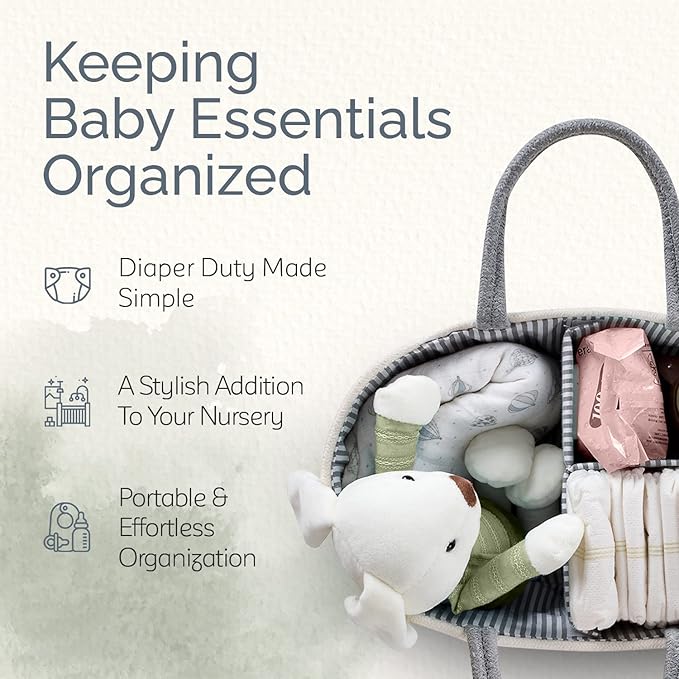 KiddyCare Woven Diaper Caddy Organizer, Large Gray Multi Functional Portable Baby Basket with Handle, Baby Gift for Boy/Girl Nursery Storage, Organization, and Modern Car Diaper Caddy Gray X-Large