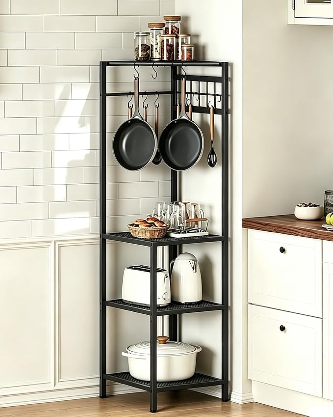 MAHANCRIS 4-Tier Pots and Pans Organizer with 10 Hooks for Kitchen Corner | Pots Rack, Cookware Stand, for Kitchen, Dining Room, Pantry, Rustic Brown