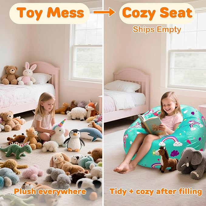 Lukeight Unicorns Stuffed Animals Storage Bean Bag Chair Cover Only (Ships Empty, No Filling) - Velvet YKK Zipper Beanbag Cover for Kids Big kids, Washable Plush Toy Organizer, X-Large 30" D x 18" H