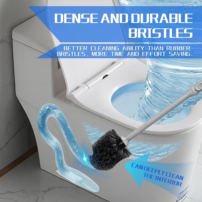 Toilet Brush and Holder 4 Pack with Long Handle - Non-Slip Grip Toilet Bowl Brush Set for Deep Cleaning Bathroom, Toilet Scrubber- Gray