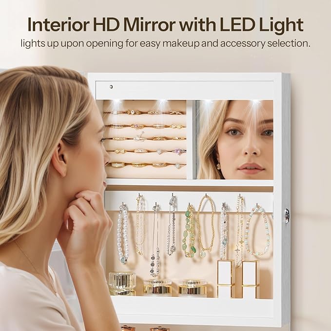 HOOBRO Wall Mounted Jewelry Cabinet, LED Jewelry Armoire with Interior Mirror, Hanging Jewelry Organizer for Wall, Lockable Jewelry Storage Cabinet, 3.9 x 11.8 x 20.9 Inches, White
