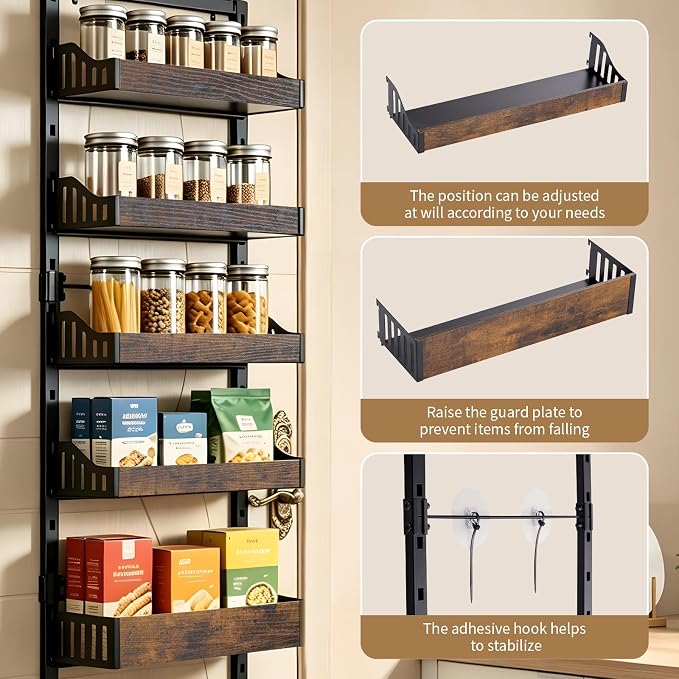 Tviort 6-Tier Over Door Pantry Organizer, Adjustable Heavy Duty Spice Rack | Metal 6-tier over-door/wall-mounted spice rack with wood baskets, adjustable detachable storage for kitchen and bathroom
