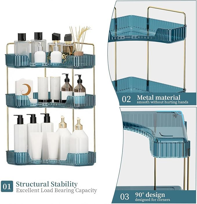 INVSSENE Corner Bathroom Countertop Organizer, Vanity Organizer Trays for Counter, Makeup Organizers, Perfume Tray, Skincare Shelf Storage Gifts for Women Girl Student (Blue, 3 Tiers)