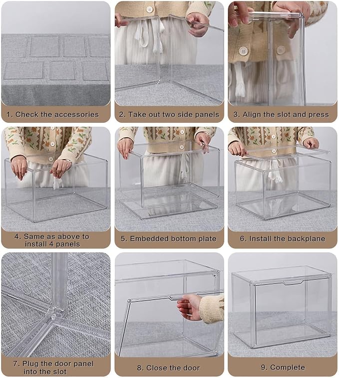 GUDEMAY Clear Stackable Plastic Storage Bins with Magnetic Lid, Dustproof Book & Cosmetic Acrylic Display Cases, Large Figures Collectibles Showcase, Shoe Box, Protection Organizer (L, Count, 3)