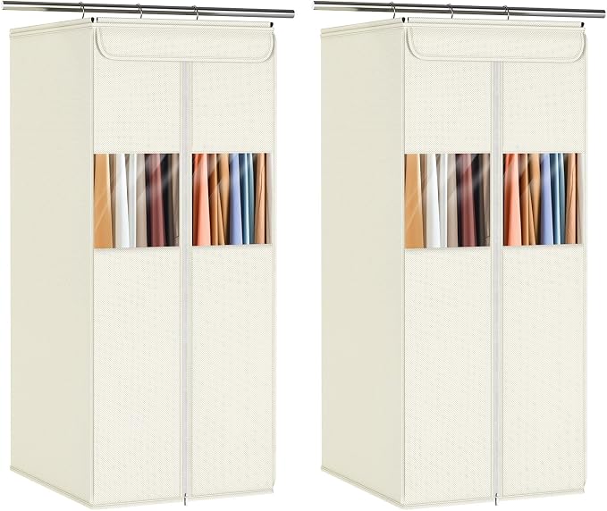 Zilink Suit Bags for Closet Storage 40" Hanging Garment Bags for Storage with Clear Window Space Saving Clothing Storage Bags for Suits, Shirts, Short Skirts, Beige, 2-Pack