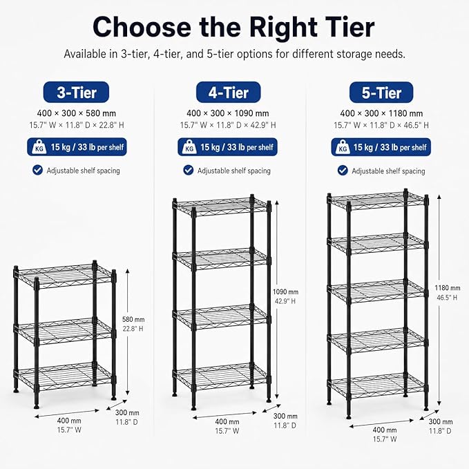 3 Tier Storage Shelves, Metal Wire Shelving Unit, Heavy Duty Adjustable Shelf Rack for Pantry, Kitchen, Garage and Laundry Room, Black