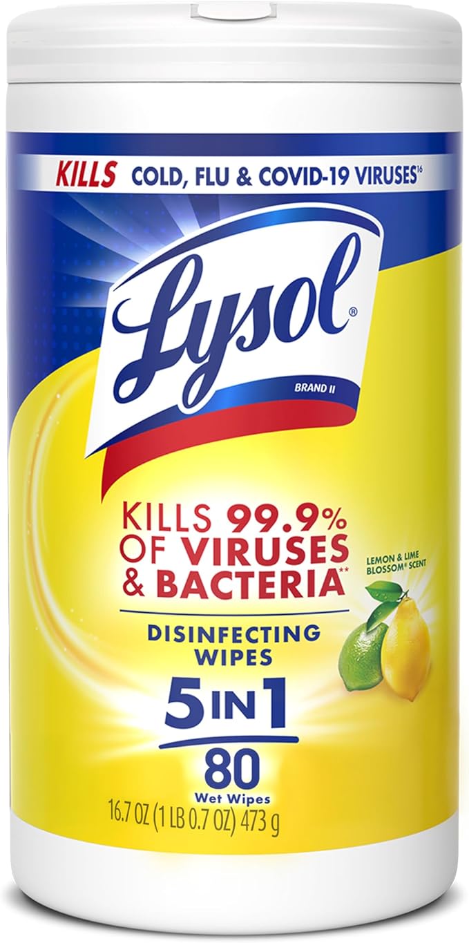 Lysol Disinfecting Wipes, Multi-Surface Cleaner, Lemon, 80 ct. | All Purpose Cleaner, Sanitizing, Deodorizing, Apartment Essentials, Back To School Cleaning Supplies, Kitchen & Bathroom Wipe