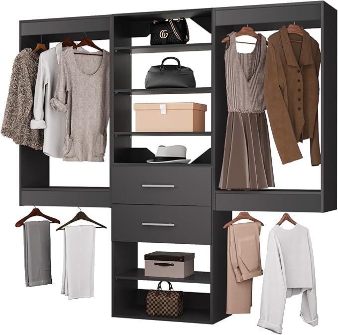 ROOMTEC Modular Closet System, 66" Wall Mounted Closet Organizer with Hanging Rods and Drawers, Wooden Tower for Walk-In Closets, Wardrobe Storage Kit, Black