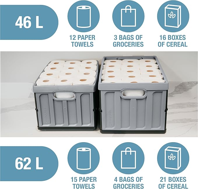 CleverMade Collapsible Storage Bins with Lids (46L, 3 Pack) – Stackable Foldable Plastic Storage Crates for Home, Closet & Trunk Organization - Obsidian