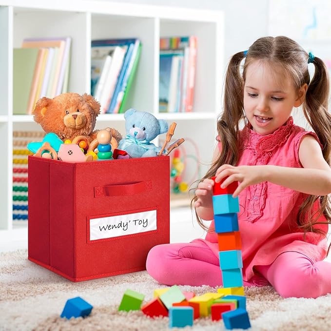 Fabric storage cubes (Set of 8) 11 Inch Cube Storage Bin, Cube storage with 8 Labels Window Cards & a Pen, Foldable cube organizer bins,11x11 Storage bin, Cubby Organizer Boxes, Red
