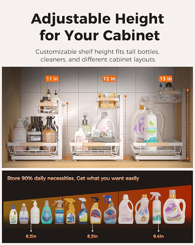Sevenblue 3 Pack Under Sink Organizer, Multi-Purpose 2 Tier Pull-Out Metal Under Kitchen Sink Organizer, Height Adjustable Storage Shelves for Kitchen Bathroom Cabinet (White)