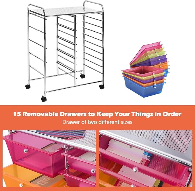 LUARANE Rolling Cart with 15 Drawers, Craft Storage Cart with Portable Handles & Lockable Wheels, Mobile Toys Organizer, Large Capacity Utility Drawer Cart Home Office School Teacher (Rainbow)