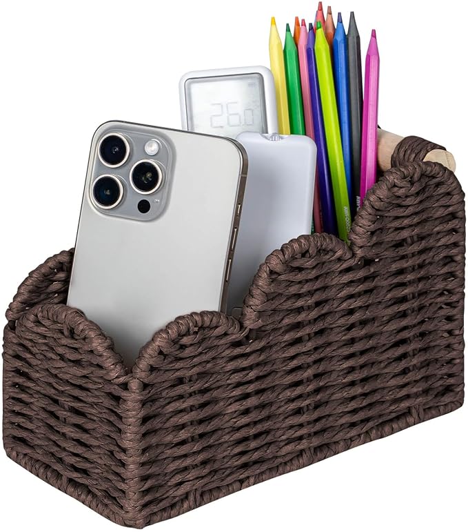 CubesLand Bedside Table Desk Organizer Caddy, Remote Pen&Pencil Holder Cup, Makeup Brush Holder w/Scalloped Perfect for Home, Office Desk, Living Room Table Decor, 3 Slots Brown