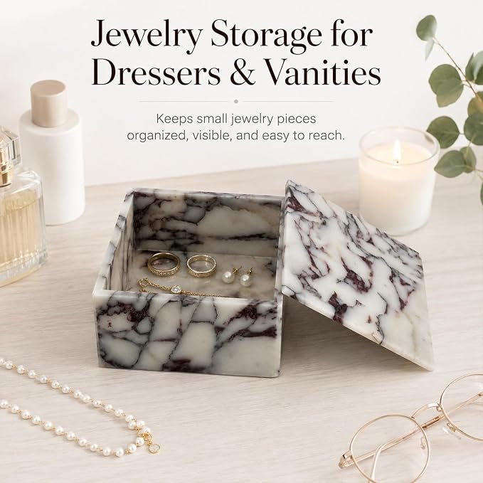 Natural Marble Square Jewelry Box with Lid, 5.91 in | A square natural marble box with lift-off lid for jewelry, cotton pads, and a cleaner dresser display.