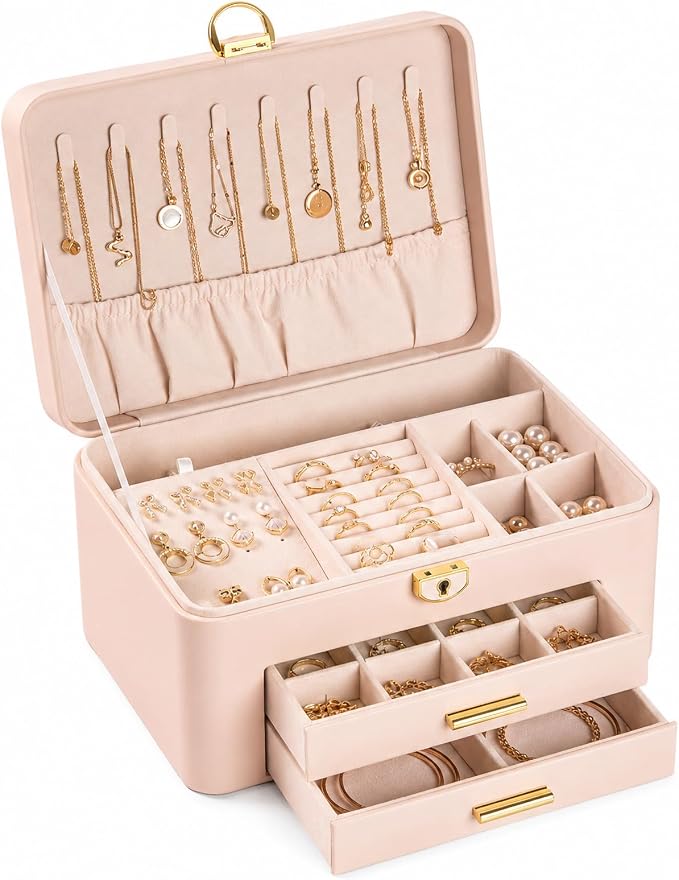 Jewelry Box for Women, Large Dresser Top Organizer with 3 Layers & 2 Drawers, PU Leather Storage Case for Earrings, Necklaces, Rings, Giftable Vanity Box (Cream white)