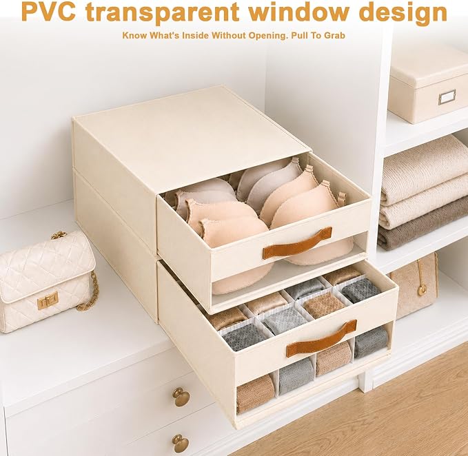 Minimalist Home DIY Underwear Drawer Organizer-Dustproof Sock Organizer with 6pcs Drawer Divider Adjustable Cream White Stackable Closet Storage Bins for Bra Socks Ties