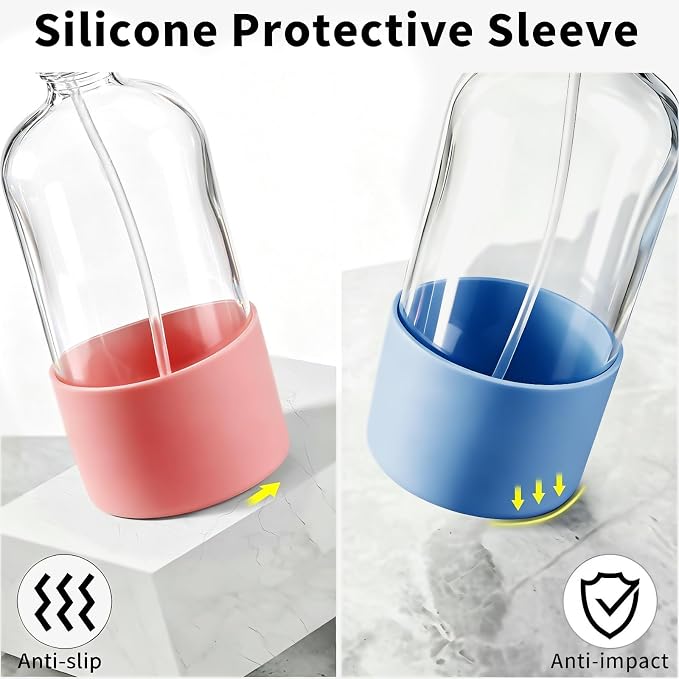 Glass Spray Bottles (2-Pack) with Silicone Sleeve - 16oz Empty Refillable Bottles - Adjustable Nozzle for Hair, Plants, Cleaning & DIY Solutions - Blue & Grey (pink+Blue)