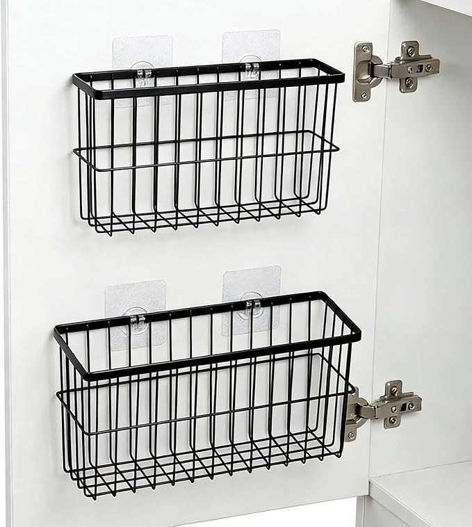 FAMNONE 2-Pack Adhesive Cabinet Door Organizer, 5.9" Inside Cabinet Storage | Lid Organizer for Cabinet, No Drill Wall Mounted Storage Box for Pantry Door, Kitchen & Bathroom Space Saving Organizer