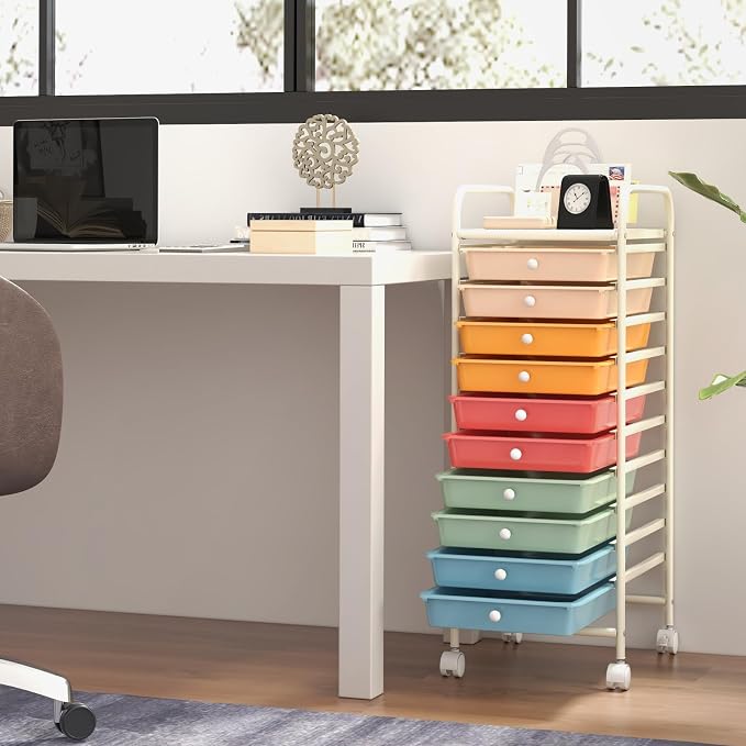 GOFLAME 10-Drawer Rolling Storage Drawer Cart, Utility Cart with Removable Drawers & Metal Frame, Mobile Art Craft Drawer Cart with Lockable Wheels for Home, Office, Studio, School, Macaron Color