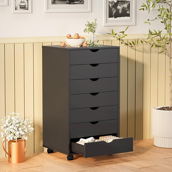 Sweetcrispy 7 Drawer Storage Cabinet, Rolling Wood Under Desk Drawer with Wheels, Small Mobile Organizer Dresser Chest for Home Office, Bedroom, Rolling Vertical Organizer for Home Office, Dark