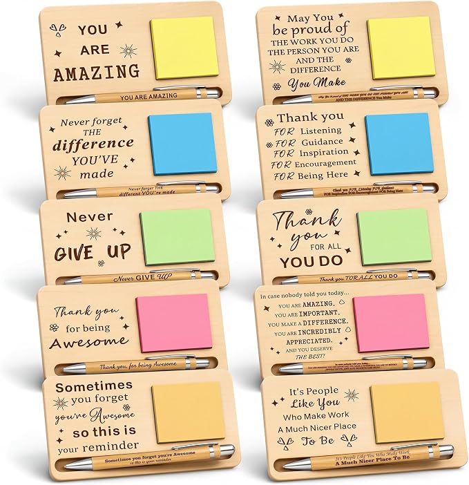 Kosiz 10 Set Back to School Teacher Gifts Bulk Wooden Motivational Sticky Note Holder with Notes and Ballpoint Pens Thank You Appreciation Gifts for Teacher Back to School Party Supplies