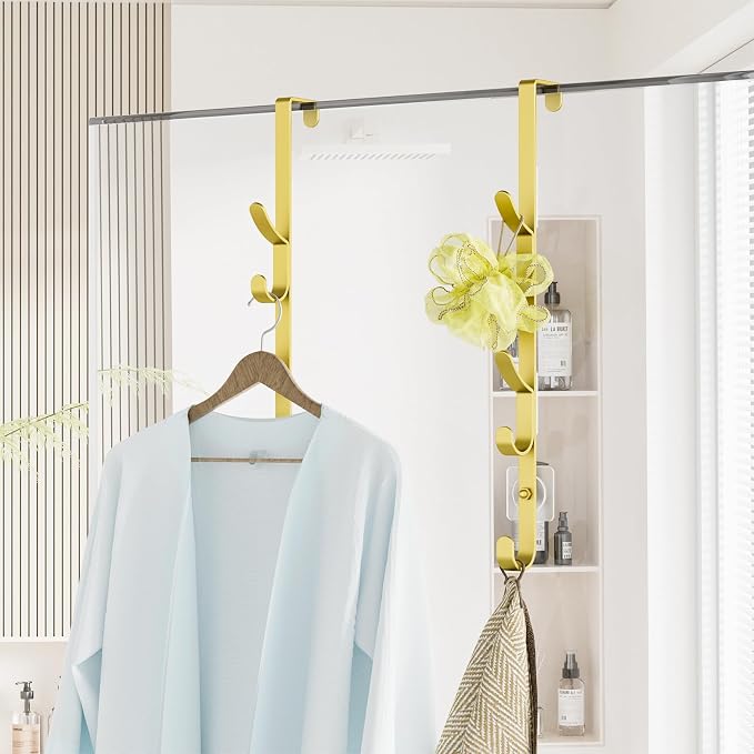 Kaiferty Over The Door Hooks, Metal Door Hooks for Hanging, Over The Door Purse Organizer for Door Coat Hanger, Back of Shower for Hanging Towel Rack Clothes, Hat, Bathroom, Closet (Gold-2Packs)