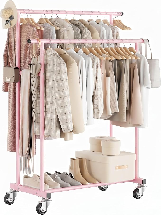 Calmootey Rolling Garment Rack with 2 Rods, Clothes Organizer for Bedroom | High-Low Rods, Two Lockable Wheels, Sturdy Metal Frame, Space-Saving, Fits Laundry, Living Room, Pink