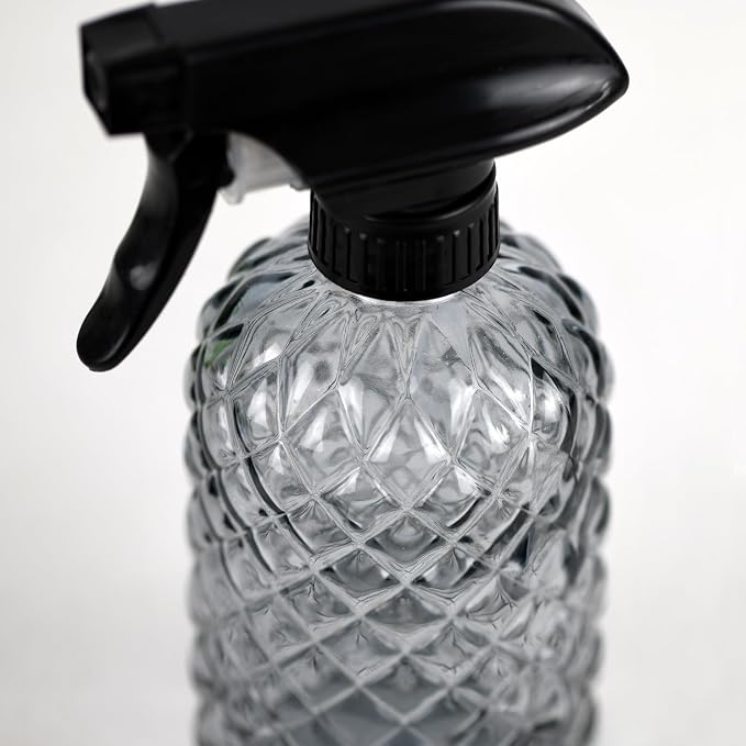 12Oz Glass Plant Spray Bottle, Gem Pattern Glass Sprayer, Watering Can with Black Plastic Top Pump, Handheld Watering Can for Indoor Outdoor Potted Plants and Greenery (Grey)