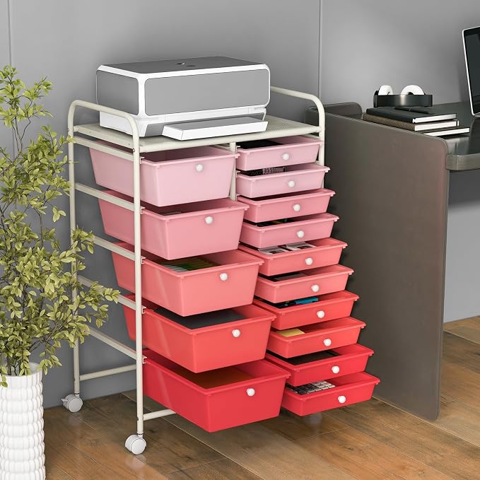 DREAMADE Rolling Cart with 15 Drawers, Rolling Drawer Organizer Cart w/Lockable Wheels, Removable & 2-Sized Storage Drawers, Art Cart for School Home Art Supplies Crafts File Scrapbook (Mixed Pink)